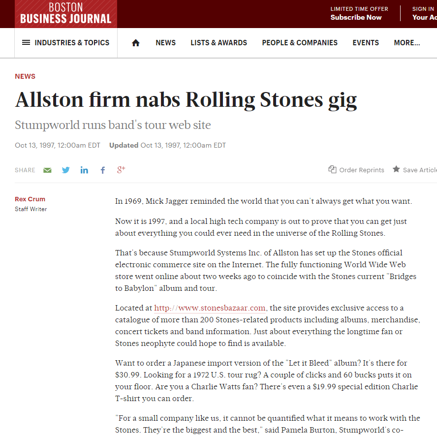 Screenshot of a relevant article from the Boston Business Journal