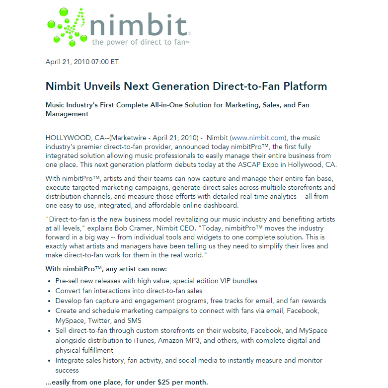 Press release of product announcement